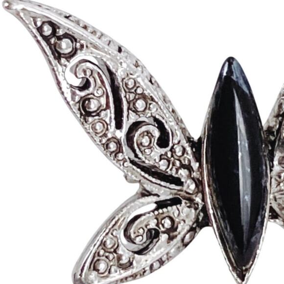 Vintage Silver Tone Butterfly Brooch Black Glass Marcasite Style 1970s - Picture 10 of 10